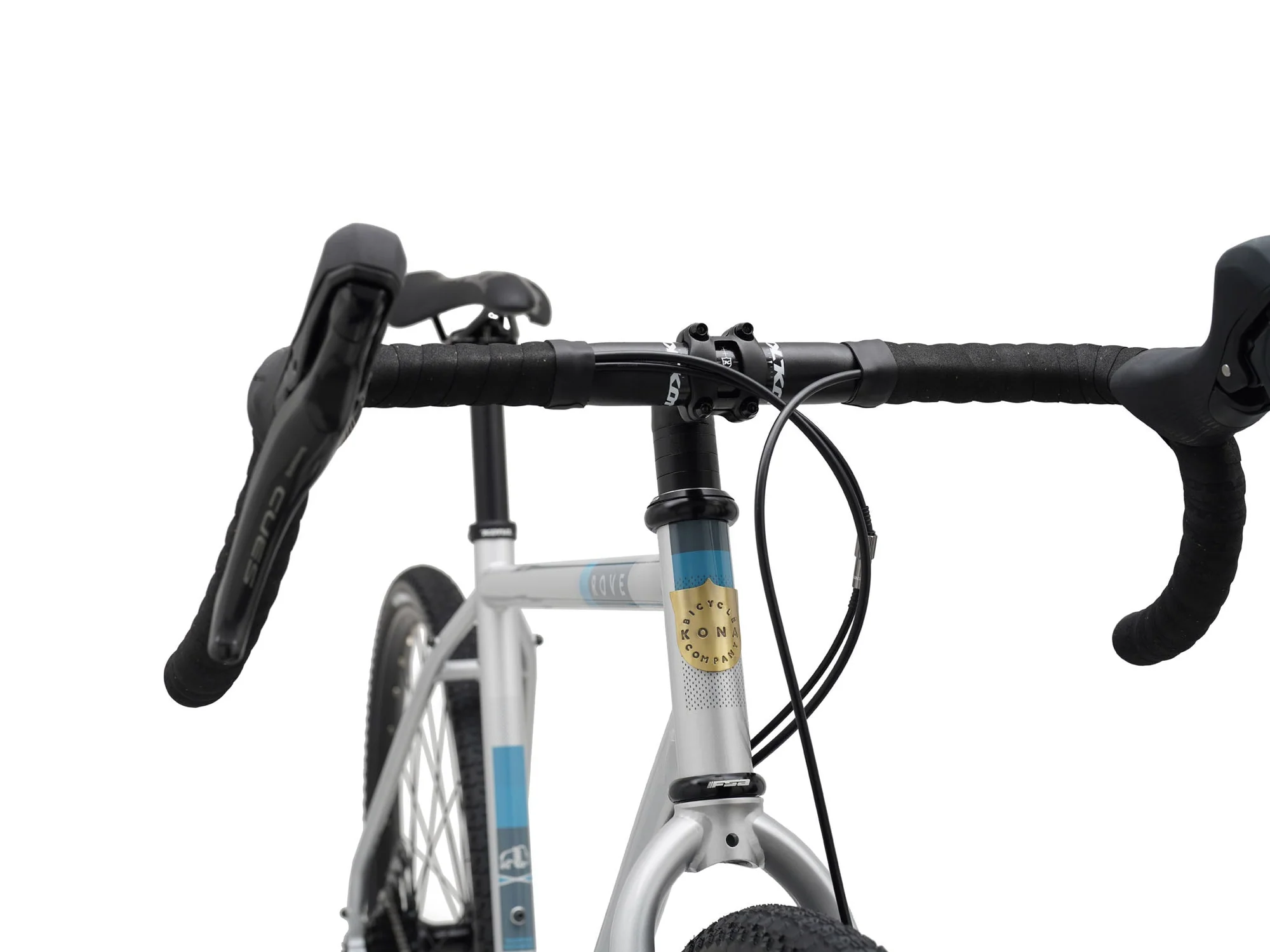 Close-up of a bicycle handlebar with black grips and brake levers on a white background