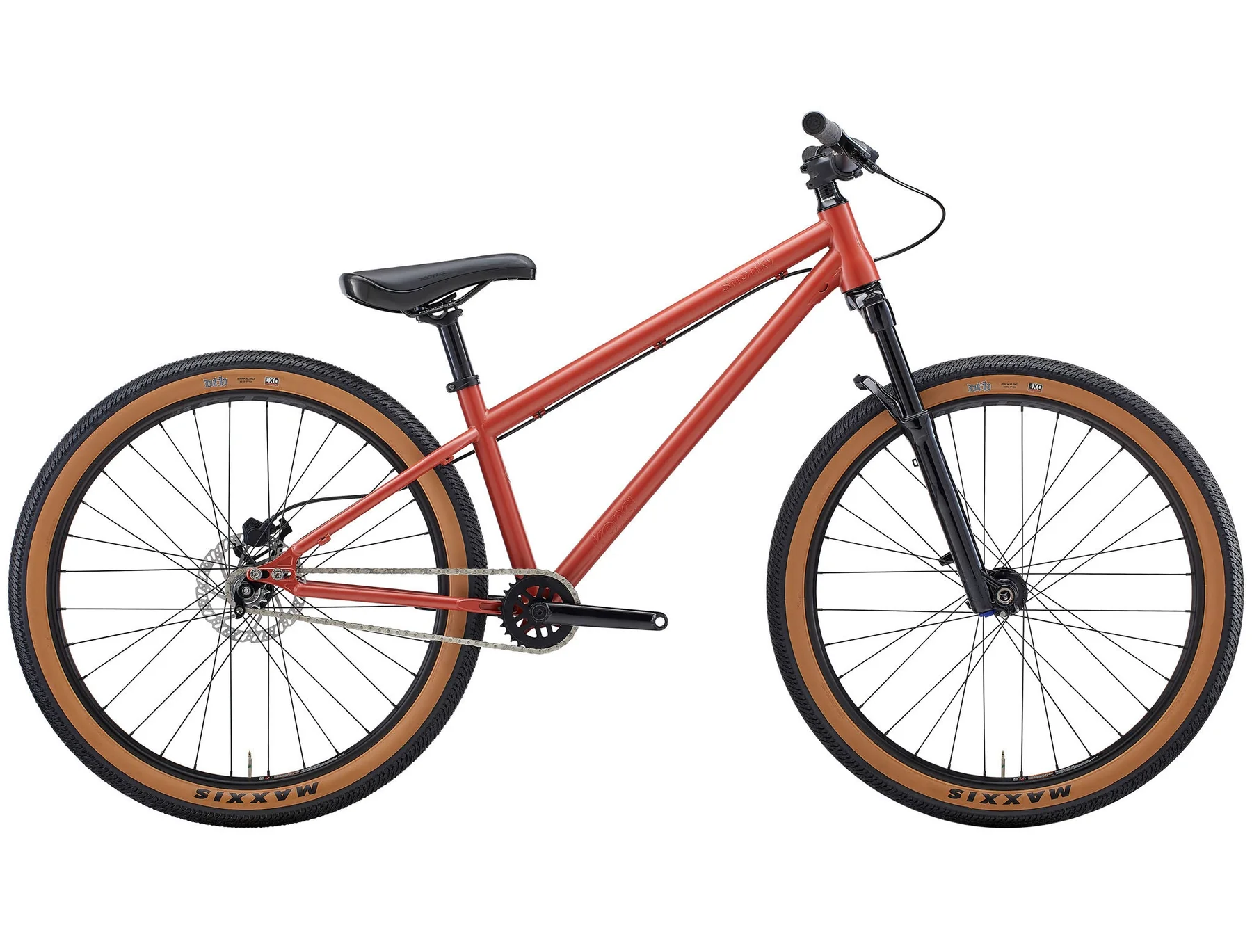 Red bicycle with black components on a white background