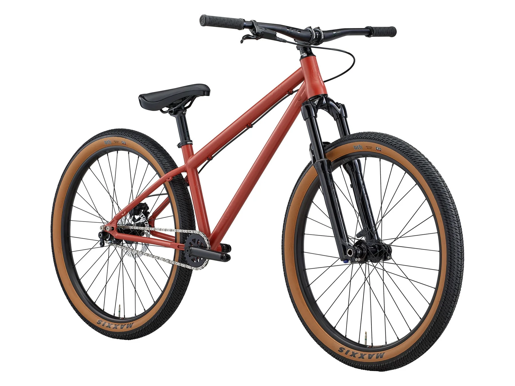 Red bicycle with black components on a white background