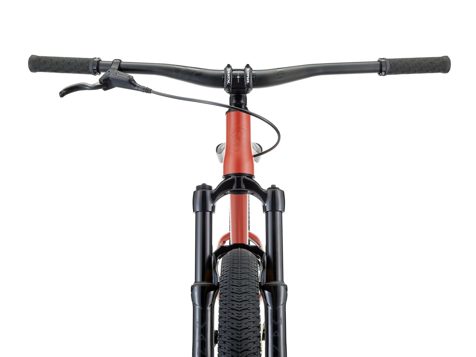 Close-up of a bicycle handlebar and front wheel on a white background