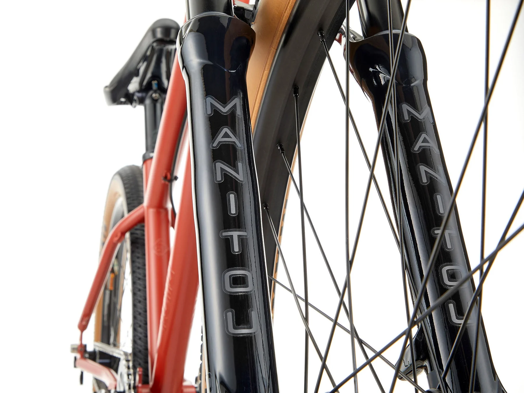 Close-up of a bicycle with 'Manitou' branding on the fork and frame.