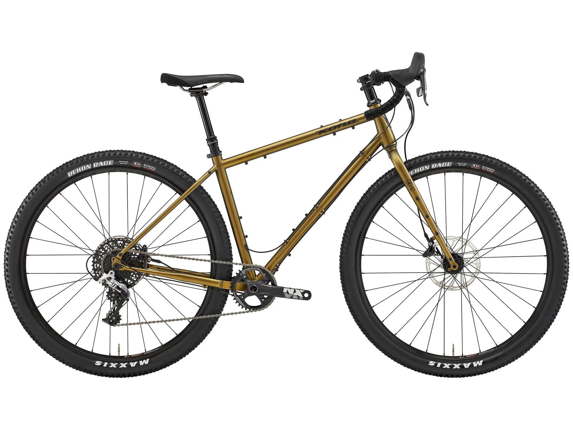 A gravel bike with a metallic olive-gold frame, black drop handlebars, black saddle, and black Maxxis tires, shown from a side profile on a white background.