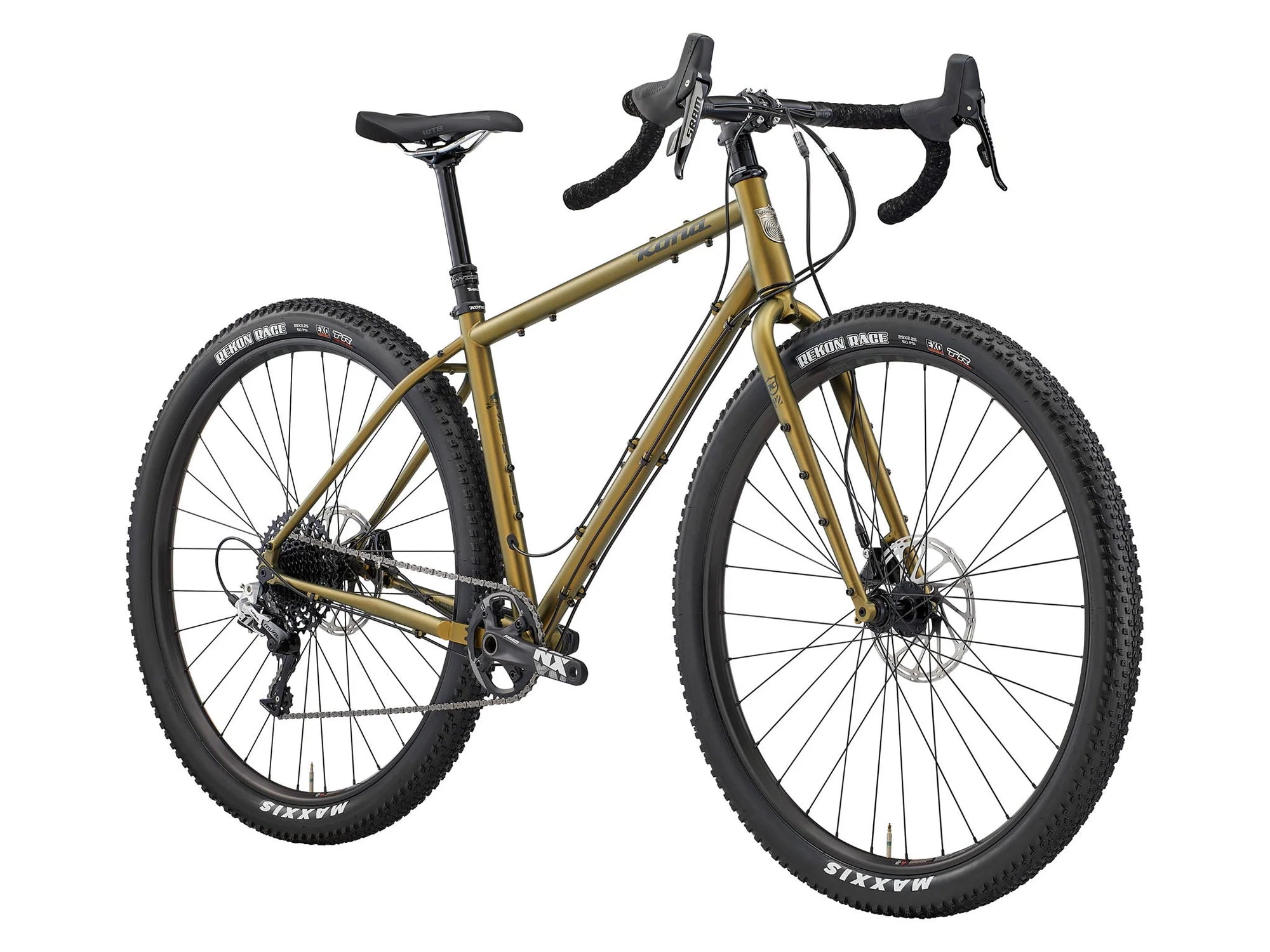 Gold bicycle with black components on a white background
