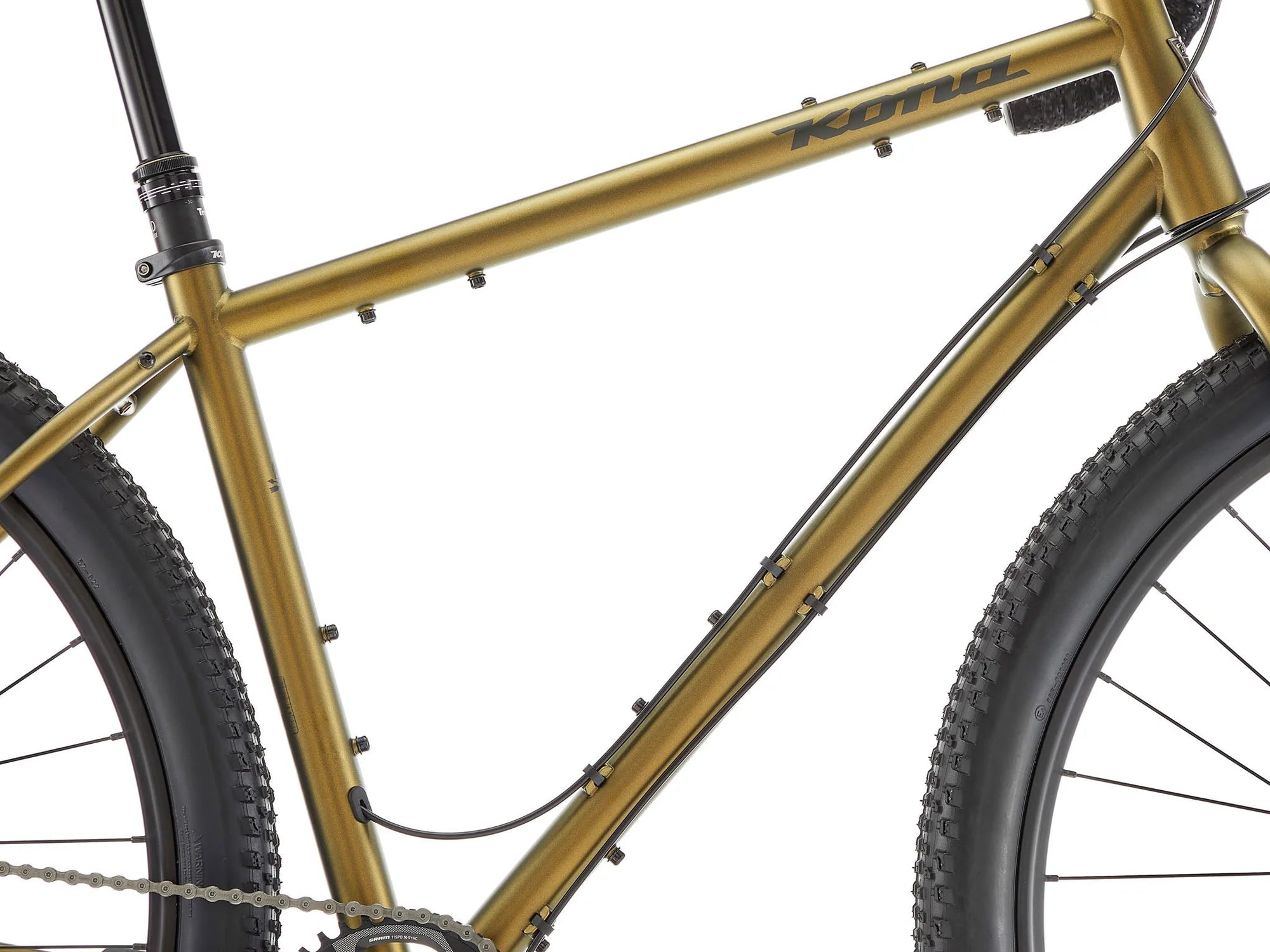 Gold bicycle frame with 'Kona' branding on a white background