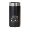 Black insulated tumbler with silver lid featuring Kuma Outdoor Gear logo on a white background