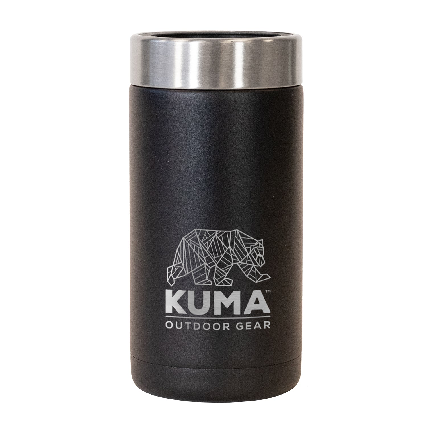 Black insulated tumbler with silver lid featuring Kuma Outdoor Gear logo on a white background