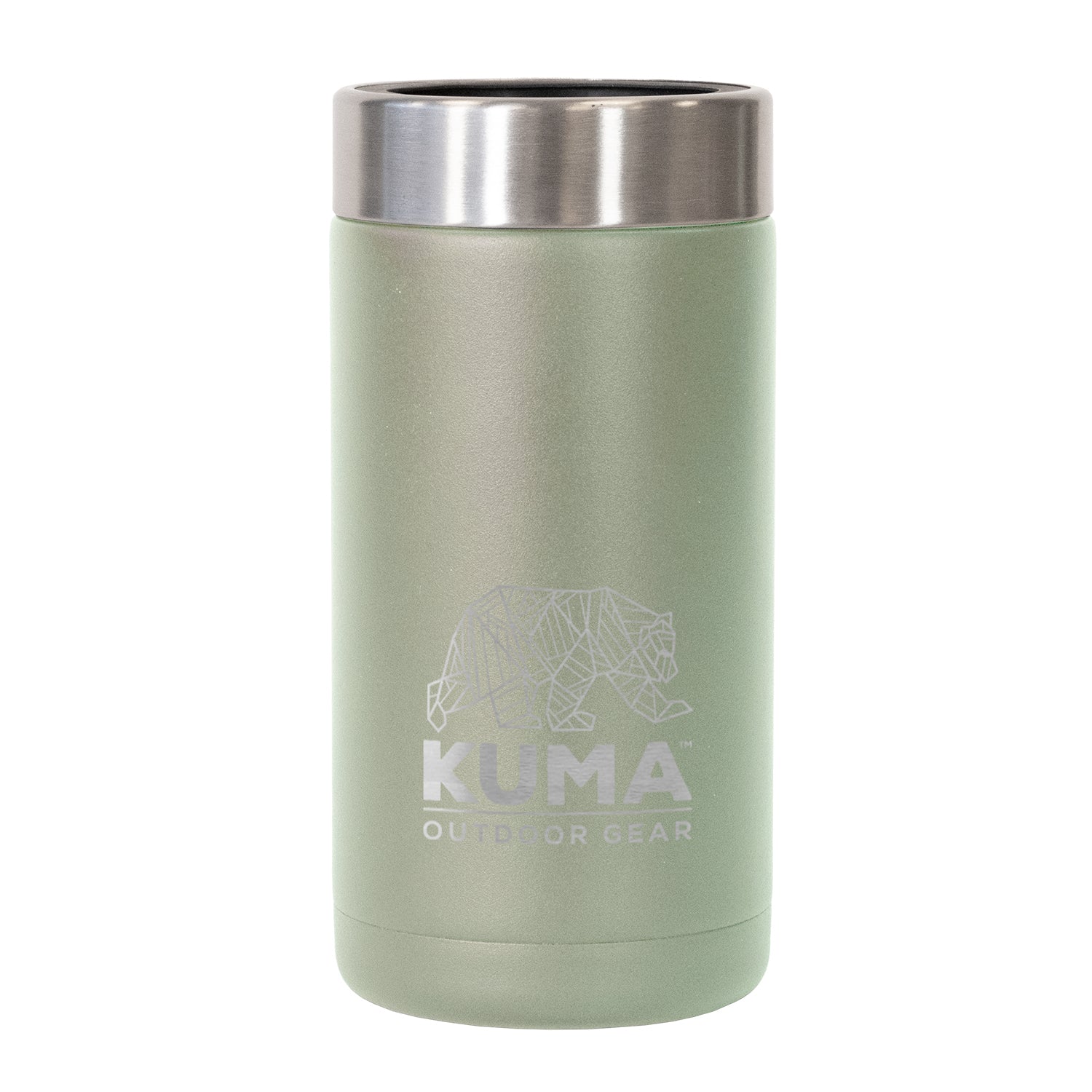 Green insulated tumbler with silver lid featuring Kuma Outdoor Gear logo on a white background