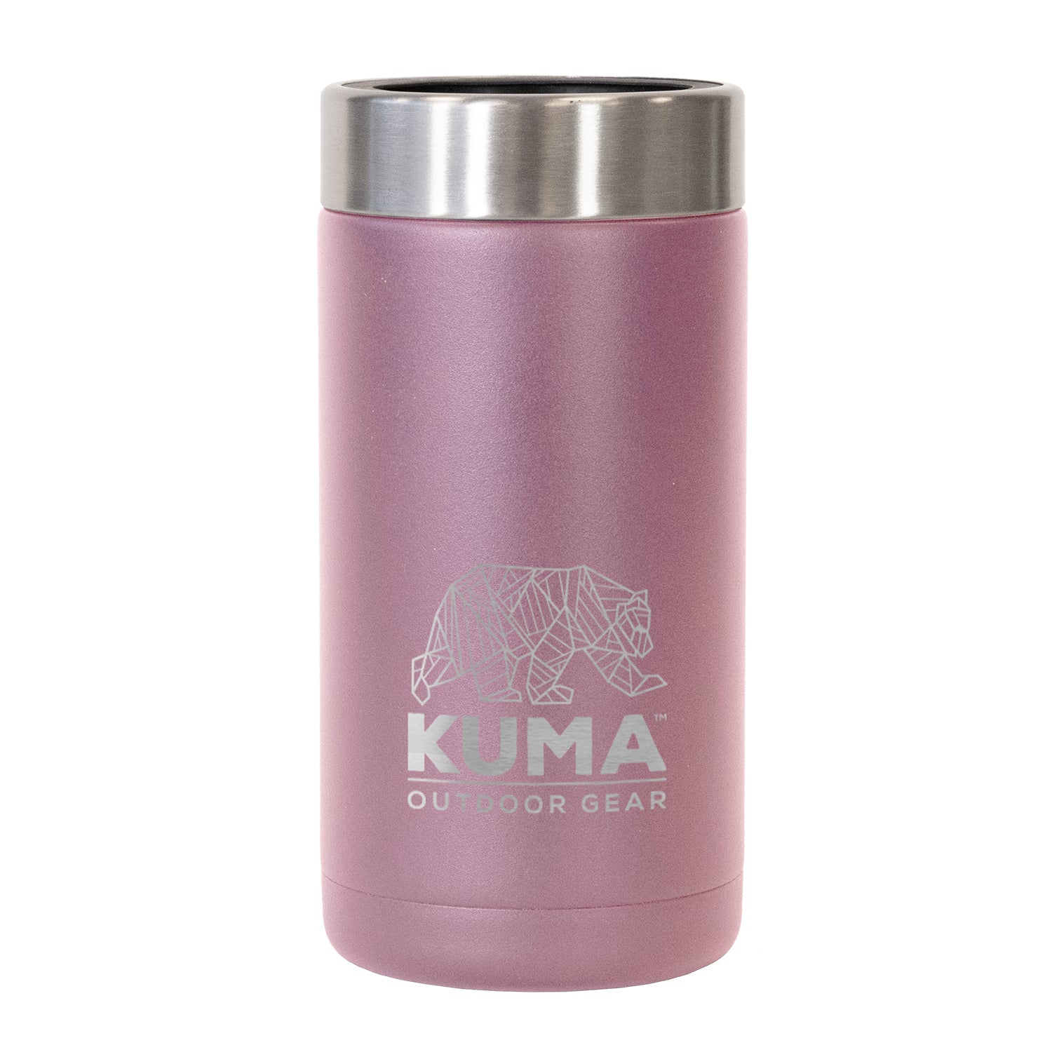 Pink insulated tumbler with silver lid featuring Kuma Outdoor Gear logo on a white background