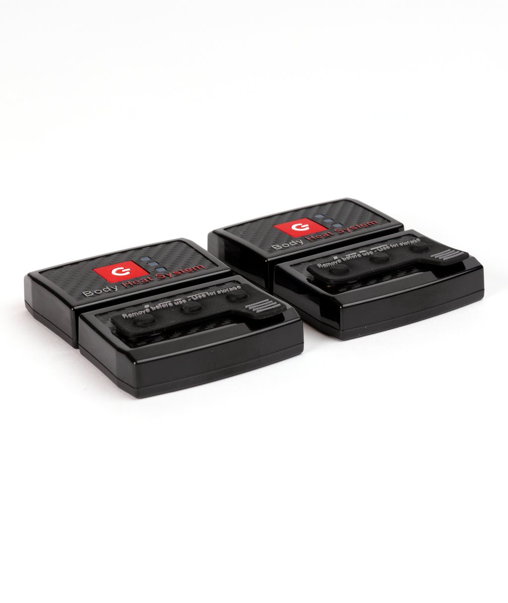 Two black electronic devices with red logos on a white background