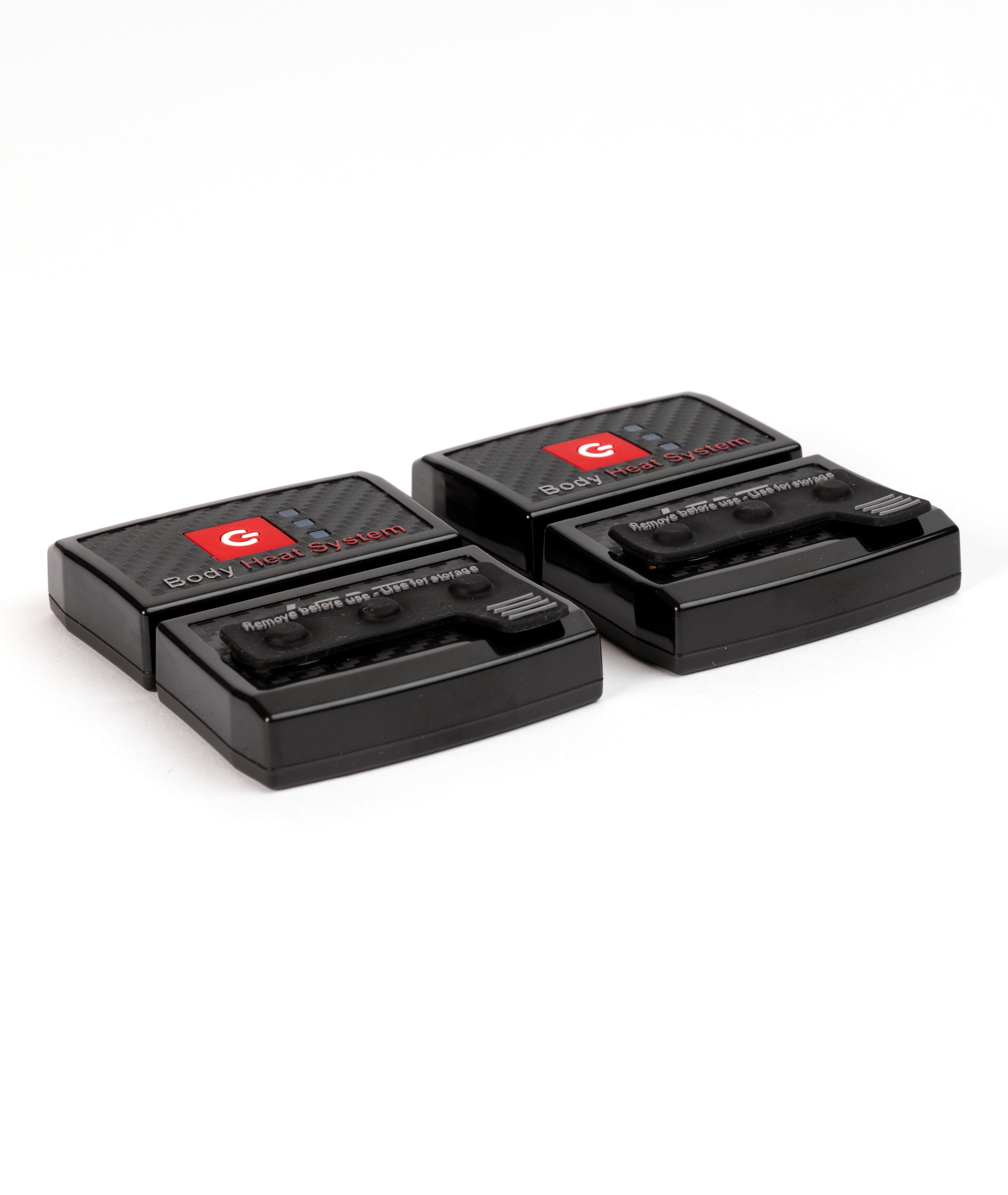Two black electronic devices with red logos on a white background
