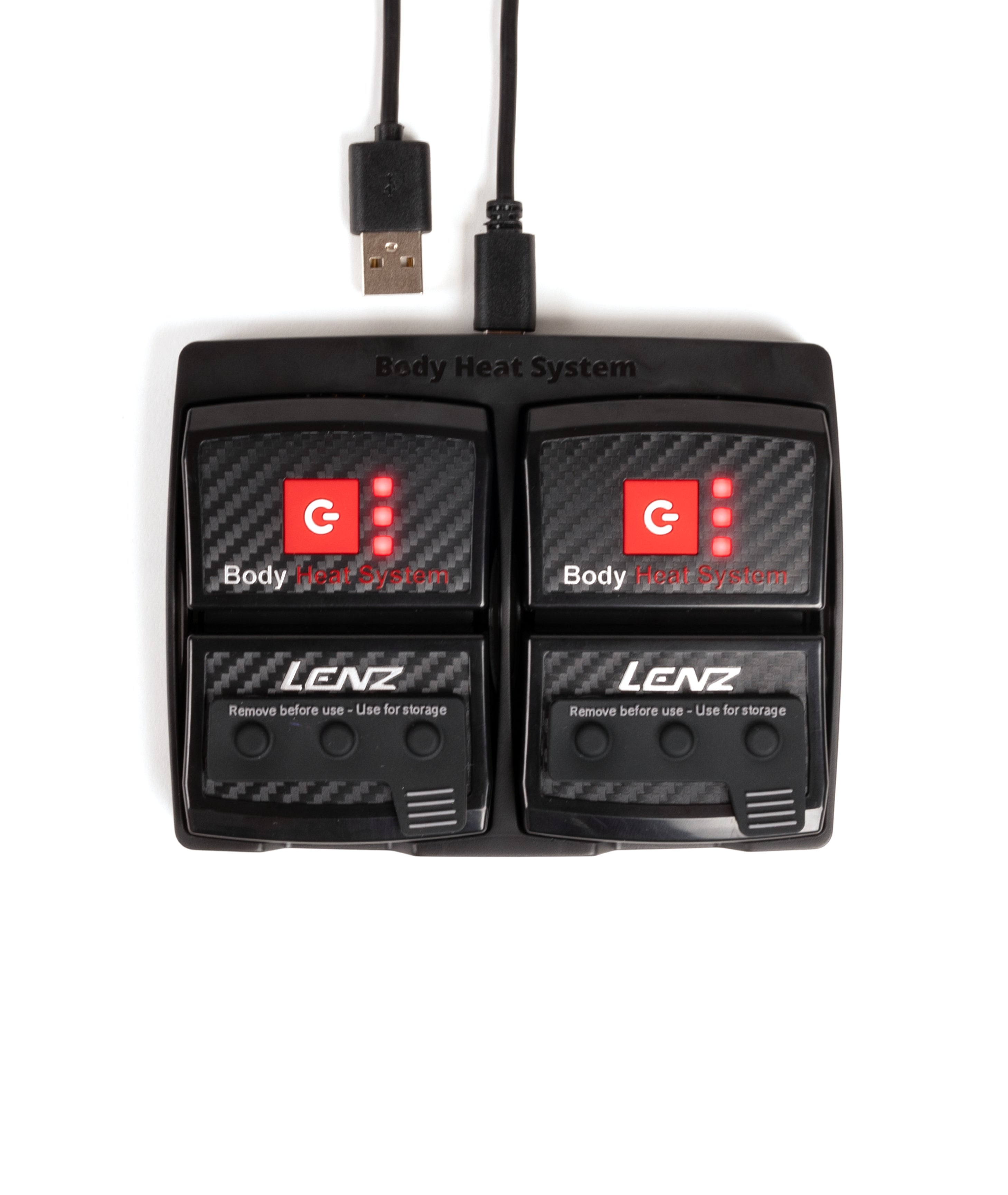 Lenz body heat system with two controllers and a USB cable on a white background