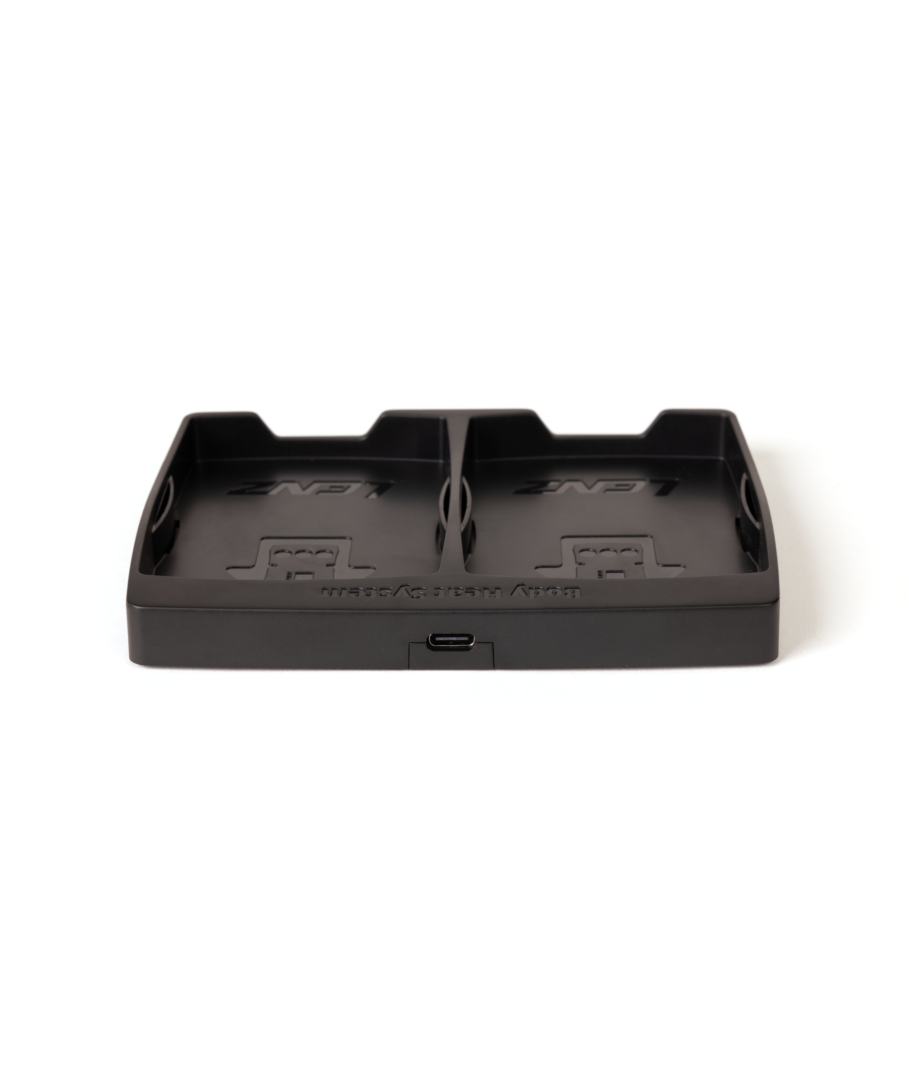 Black electronic device with multiple ports on a white background