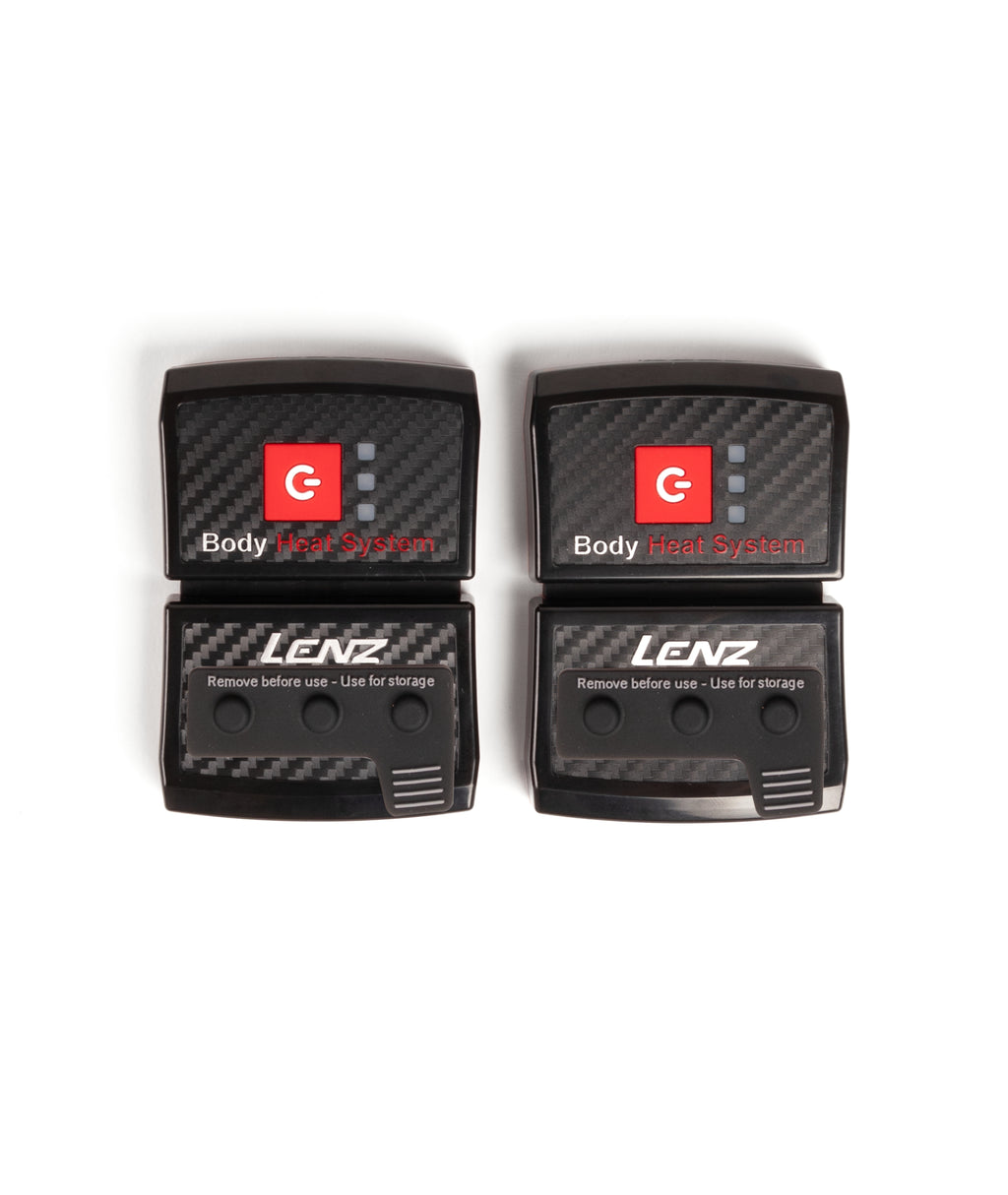 Four black Lenz body heat system units on a white background
