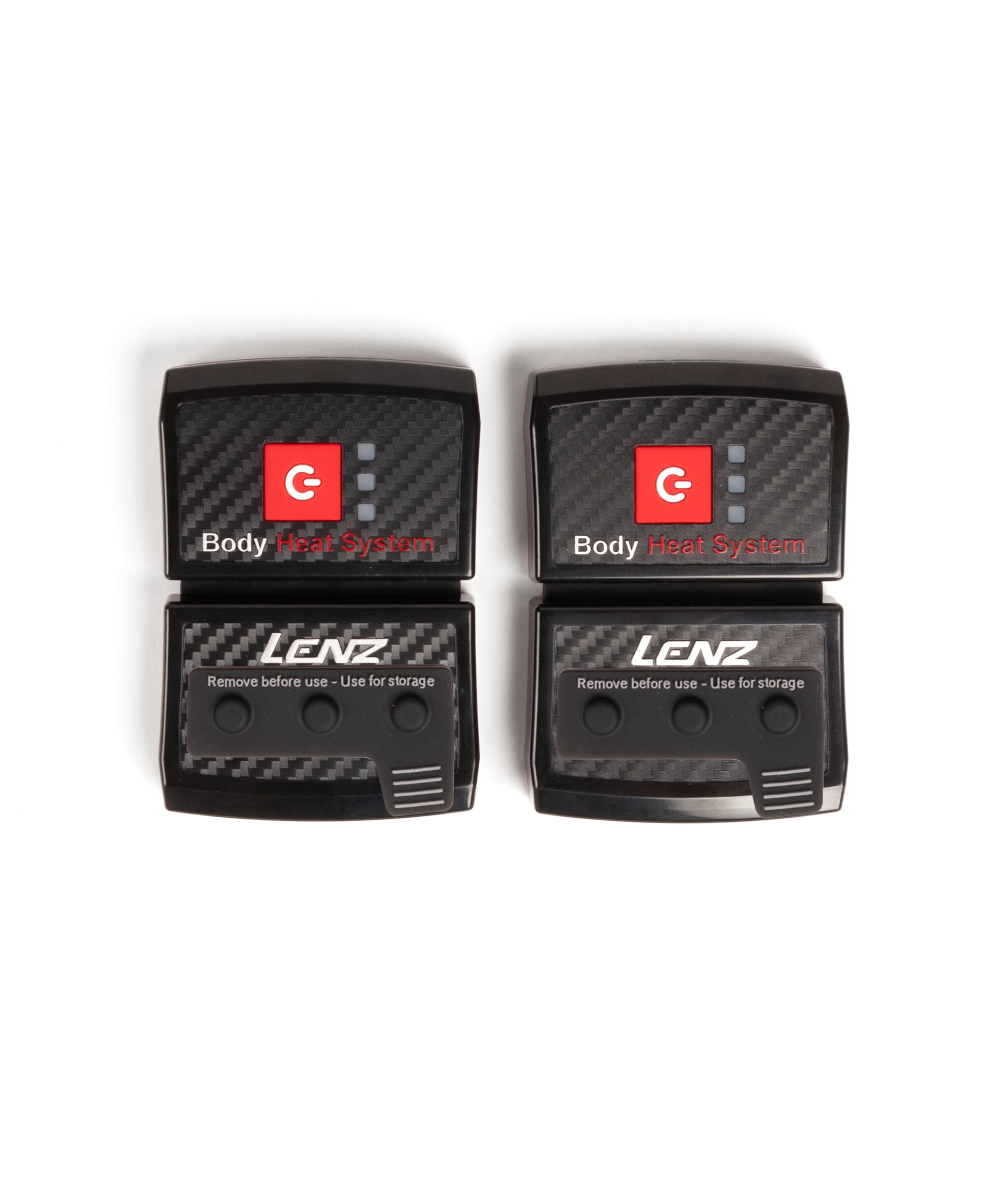 Four black Lenz body heat system units on a white background