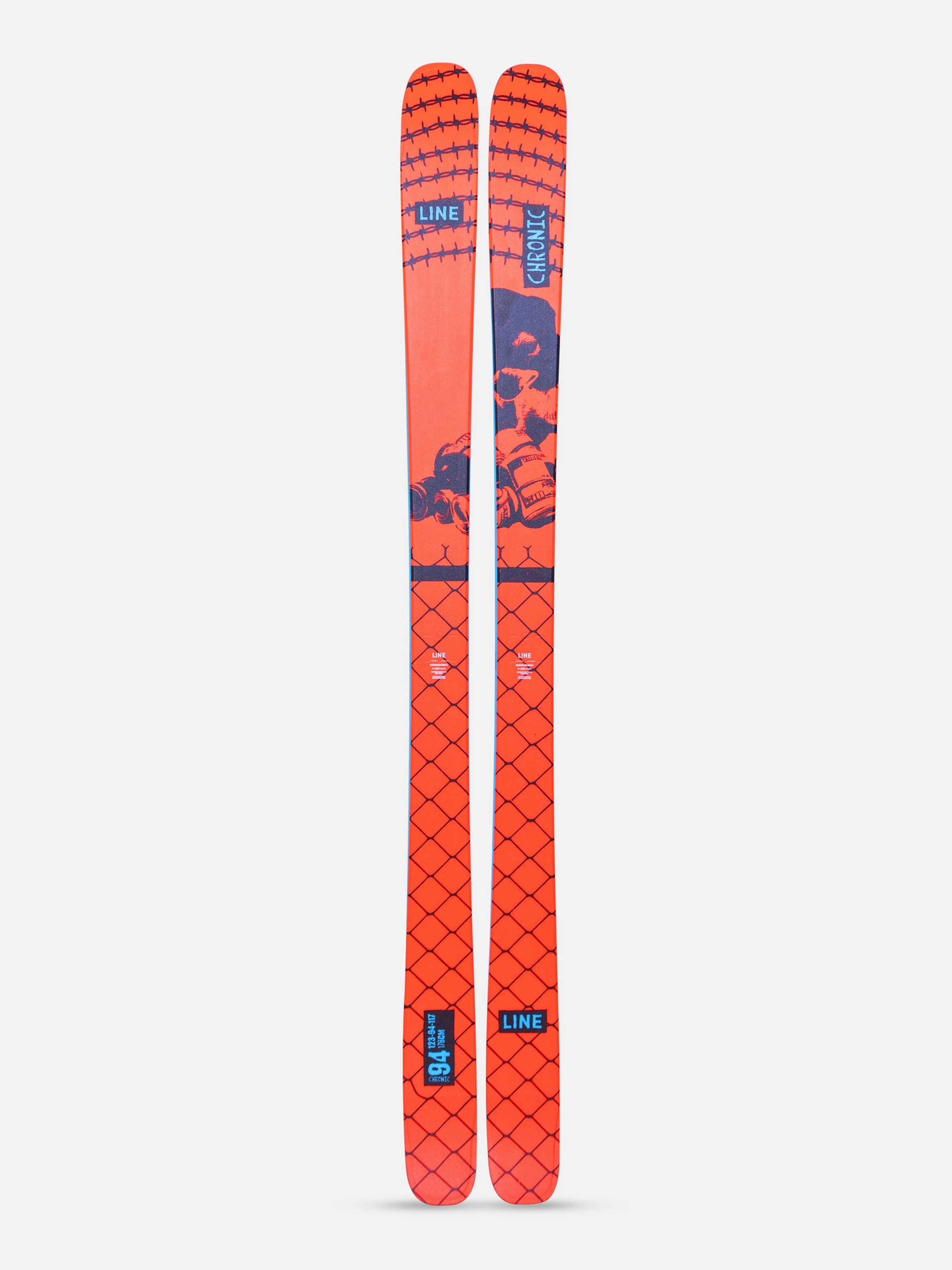 Pair of red and blue skis with 'Line' branding on a light gray background