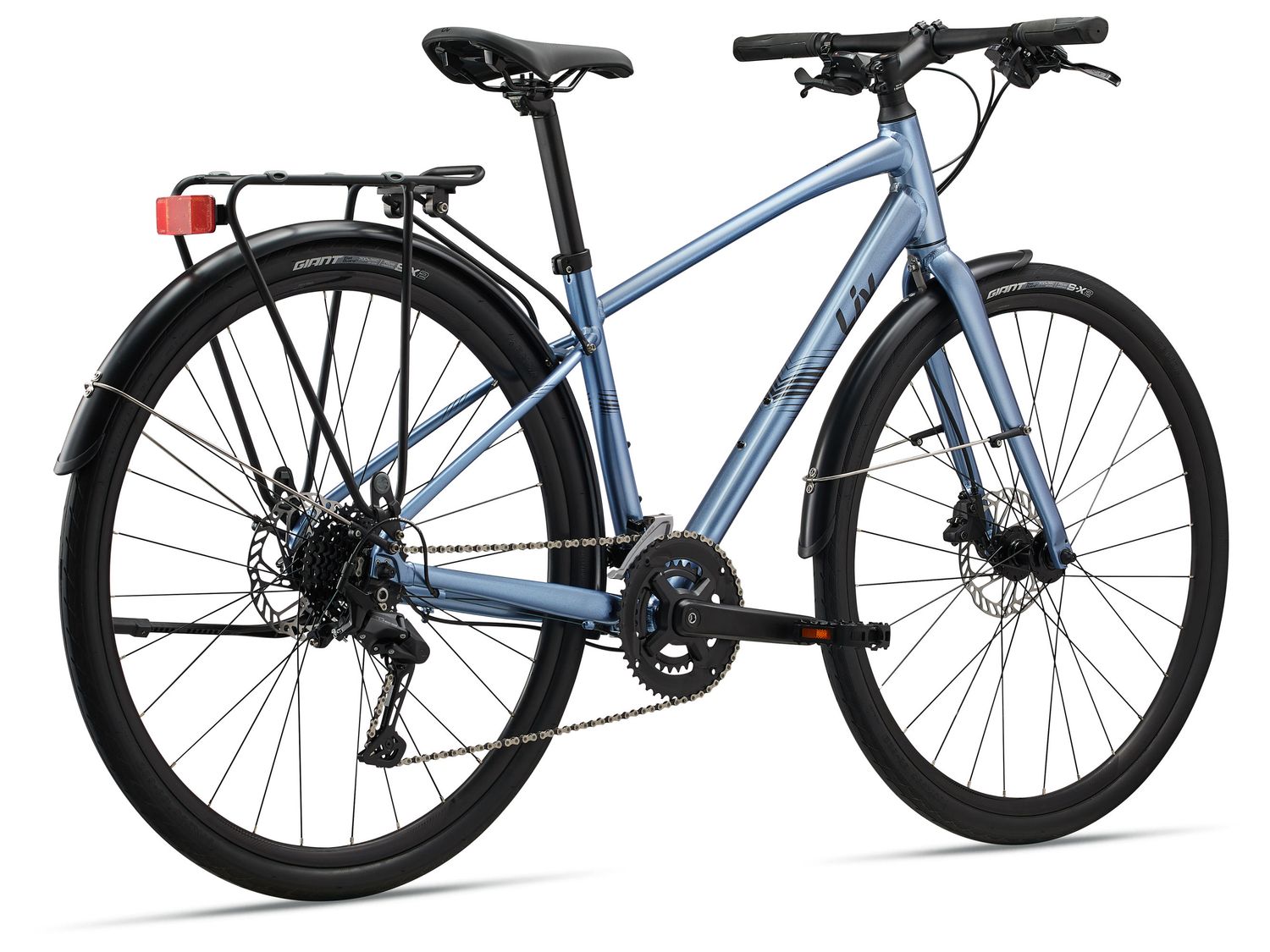 Blue bicycle with black components on a white background
