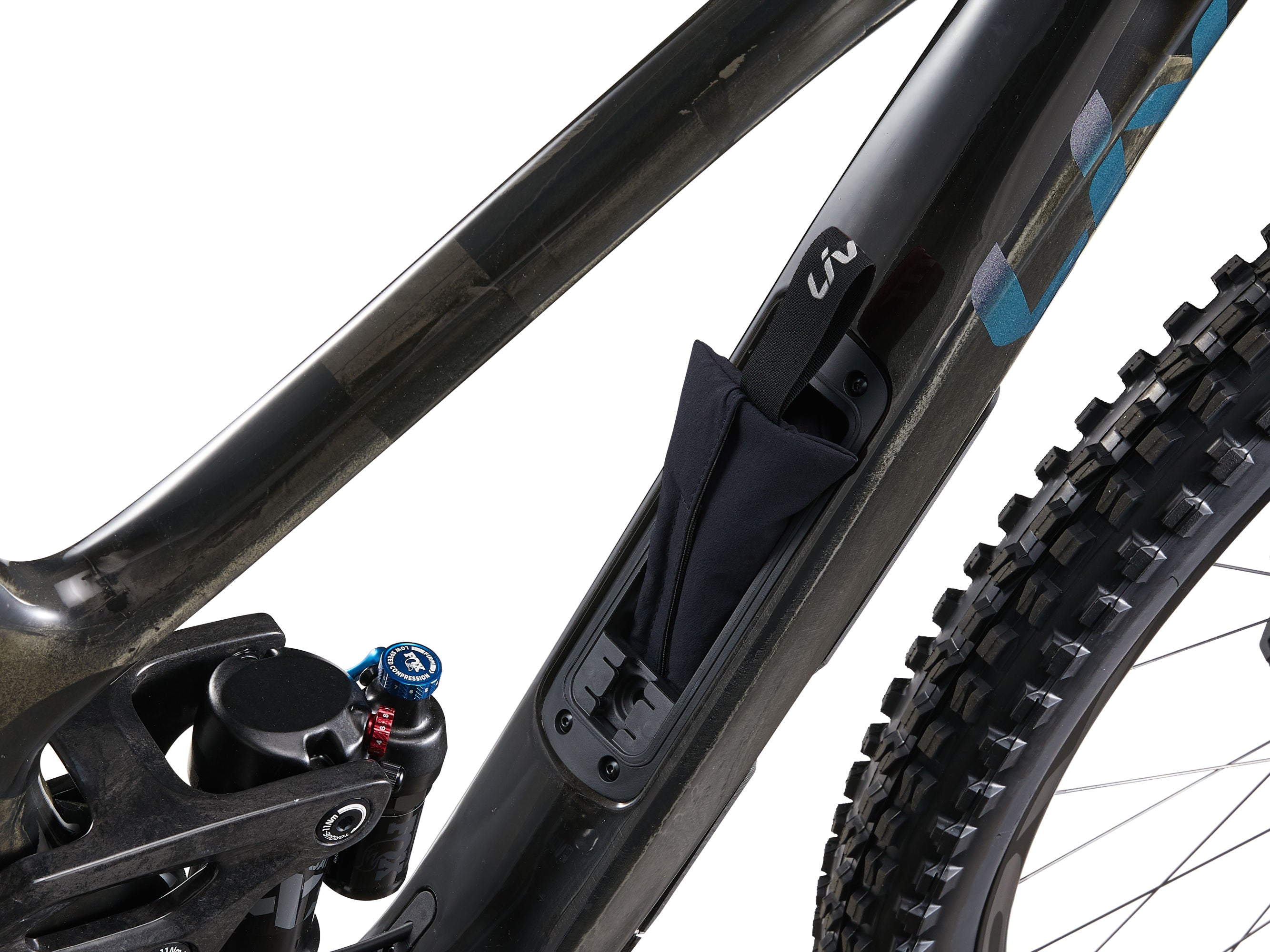 Close-up of a bicycle frame with suspension fork on a white background