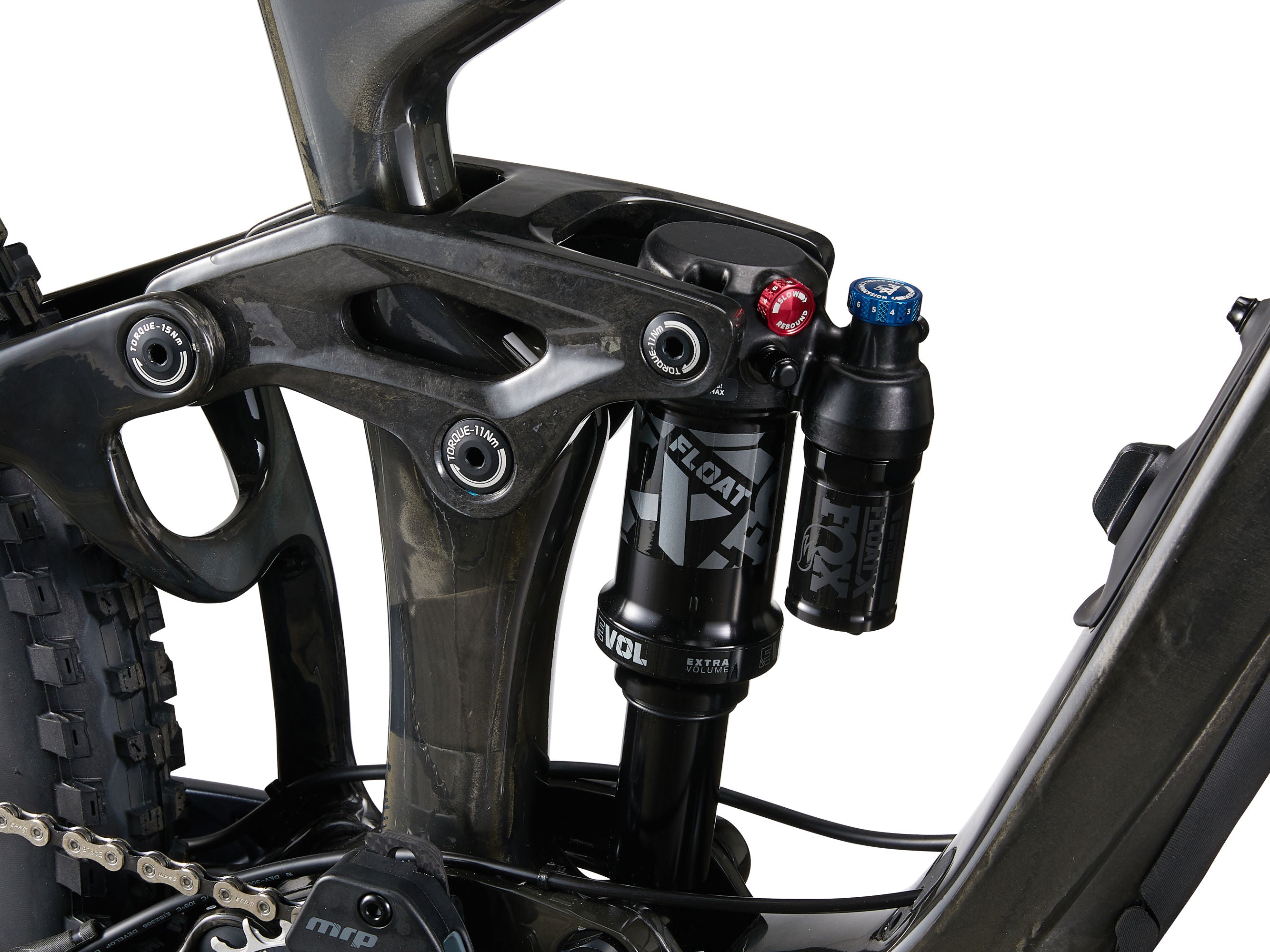 Close-up of a bicycle suspension fork with brand logos on a white background