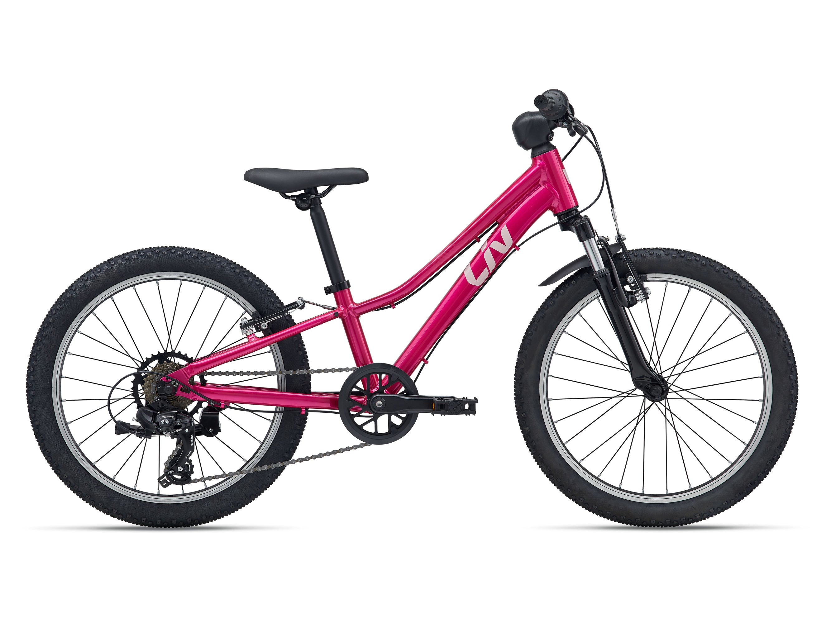 Pink children's bicycle on a white background