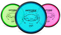 Three Matrix Series 2.0 disc golf discs in neon green, cyan, and pink, arranged in a fan shape on a white background.