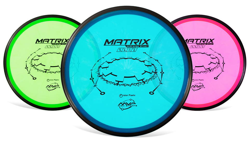 Three Matrix Series 2.0 disc golf discs in neon green, cyan, and pink, arranged in a fan shape on a white background.