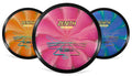 Three Zenith Disc Sports Plasma disc golf discs are shown overlapping on a white background. The center disc is bright pink, the left disc is orange, and the right disc is blue with teal accents.