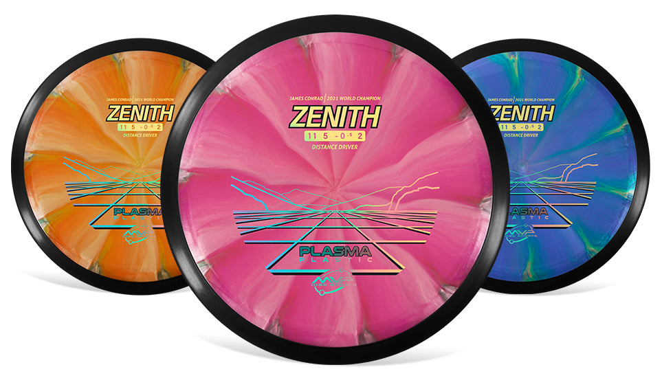 Three Zenith Disc Sports Plasma disc golf discs are shown overlapping on a white background. The center disc is bright pink, the left disc is orange, and the right disc is blue with teal accents.