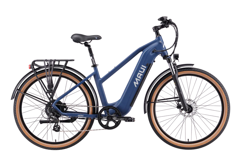 Blue electric bicycle with 'MAUI' branding on a white background