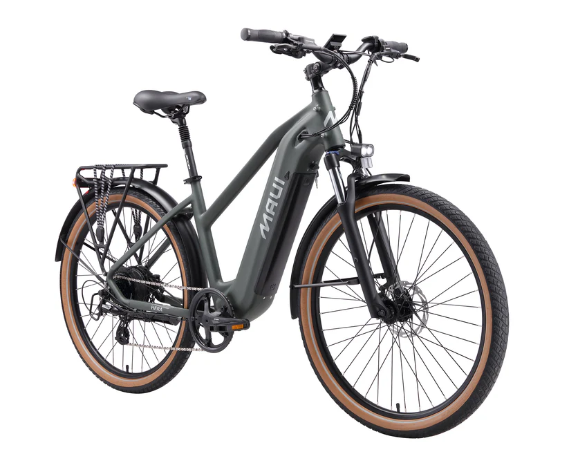 Gray electric bicycle with brown tires on a white background