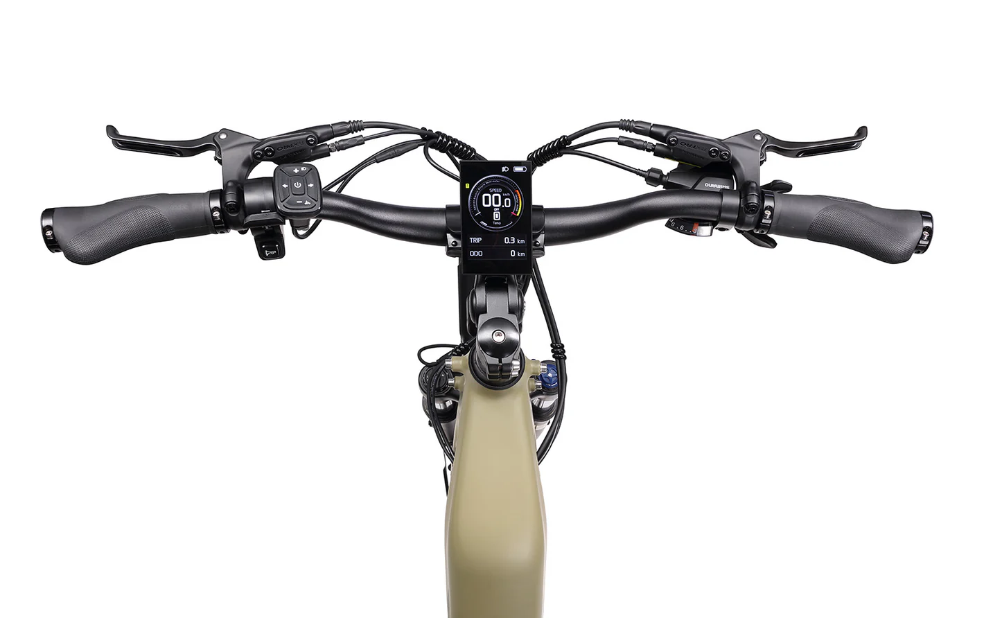 Close-up of a bicycle handlebar with controls on a white background