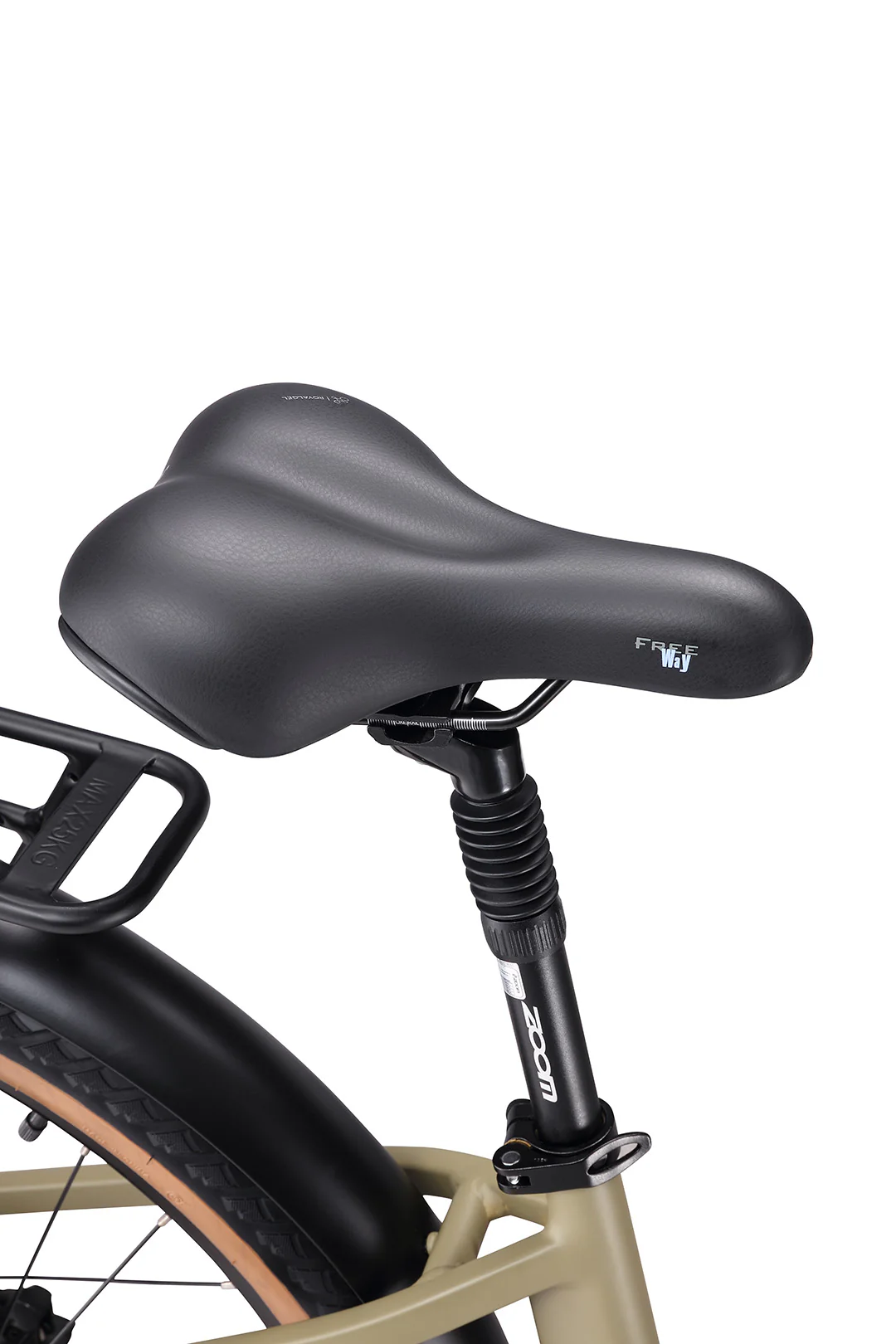 Close-up of a bicycle seat and suspension fork on a white background