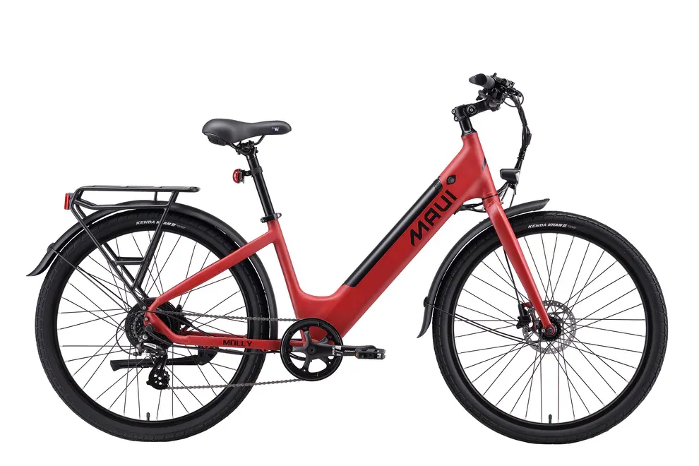 Red electric bicycle with black components on a white background