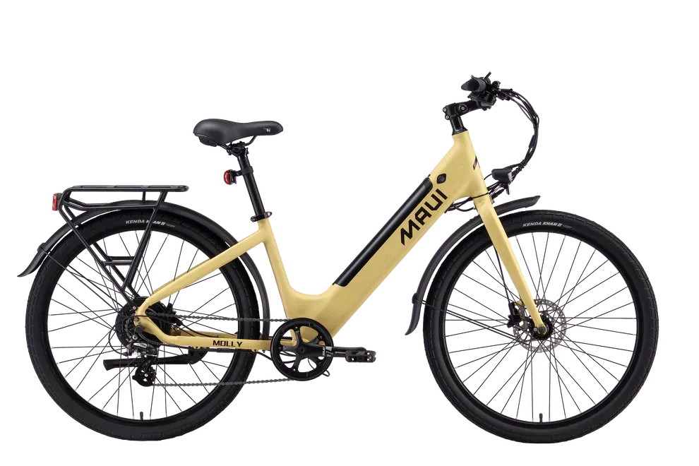 Beige electric bicycle with black accents on a white background