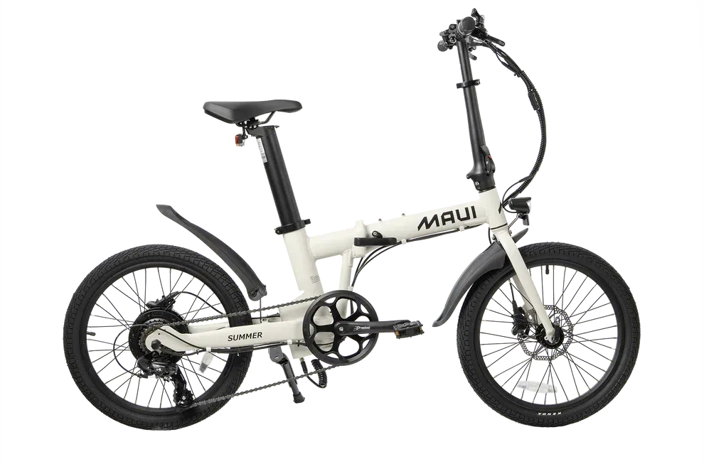 White folding bike with black components on a white background