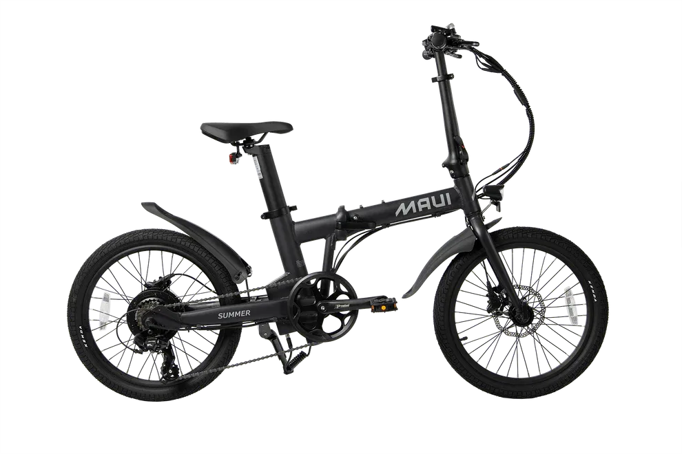 Black folding electric bike with 'MAUI' branding on a white background