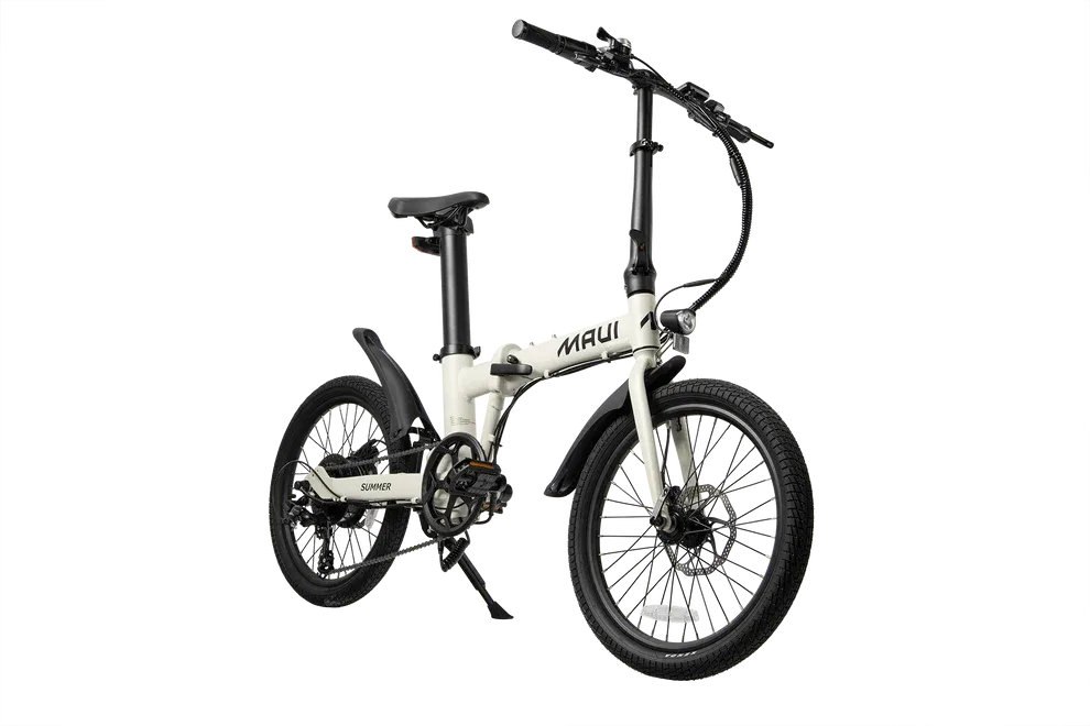 White folding bike with black details on a white background