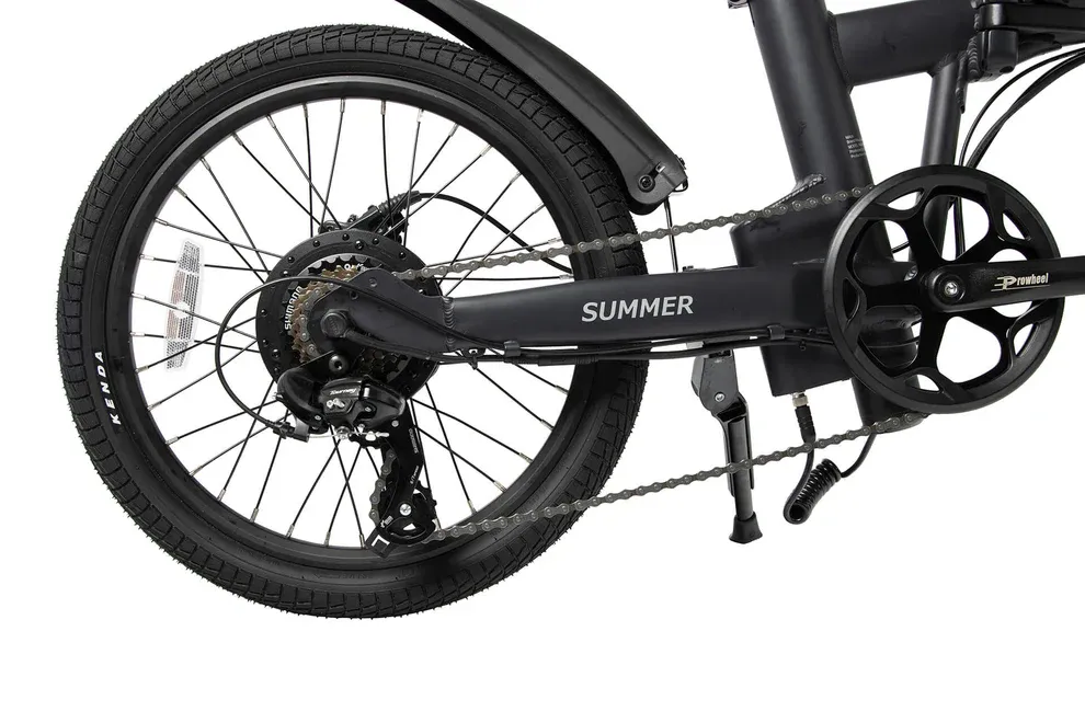 Close-up of a black bicycle with 'Summer' branding on a white background