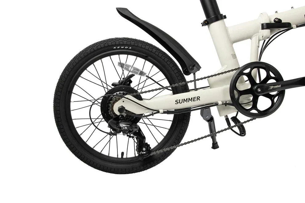 Close-up of a bicycle wheel with 'Summer' branding on a white background
