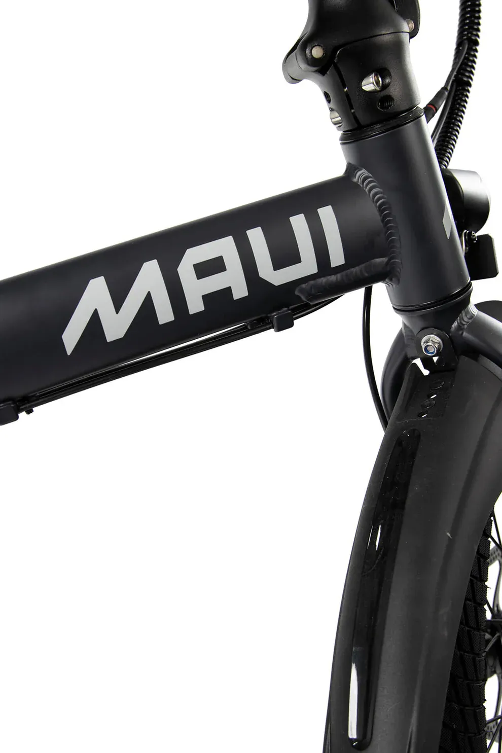 Close-up of a black bicycle frame with 'MAUI' branding on a white background