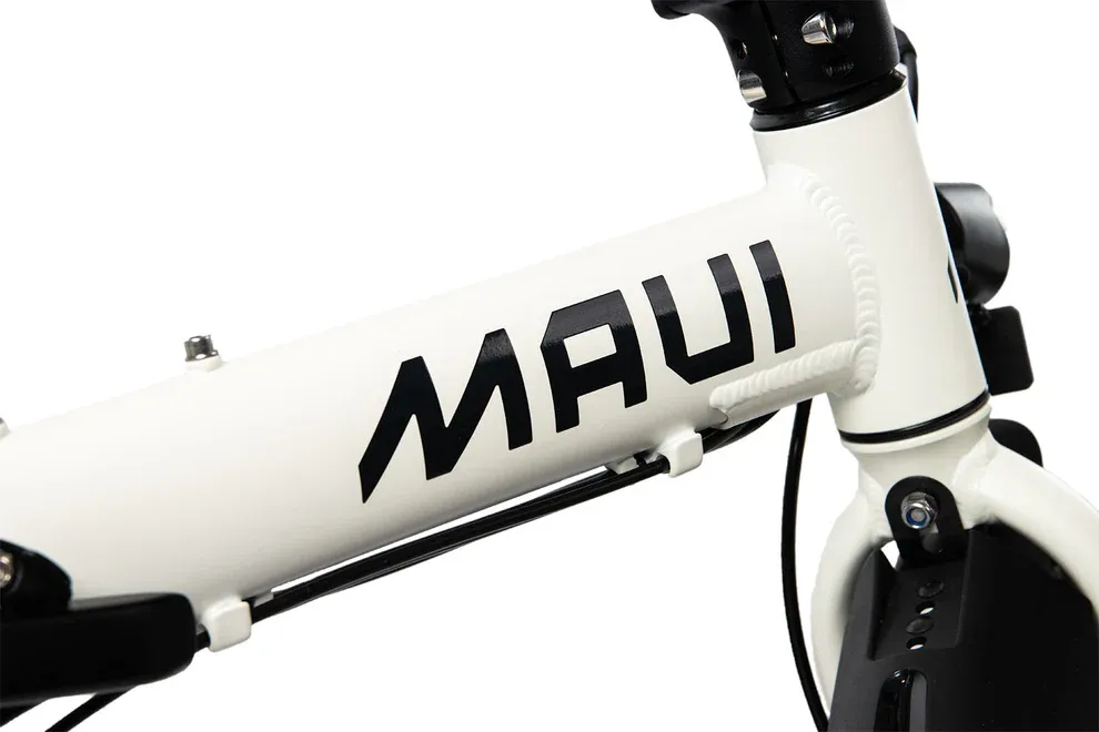 Close-up of a white bicycle frame with 'MAUI' branding on a white background