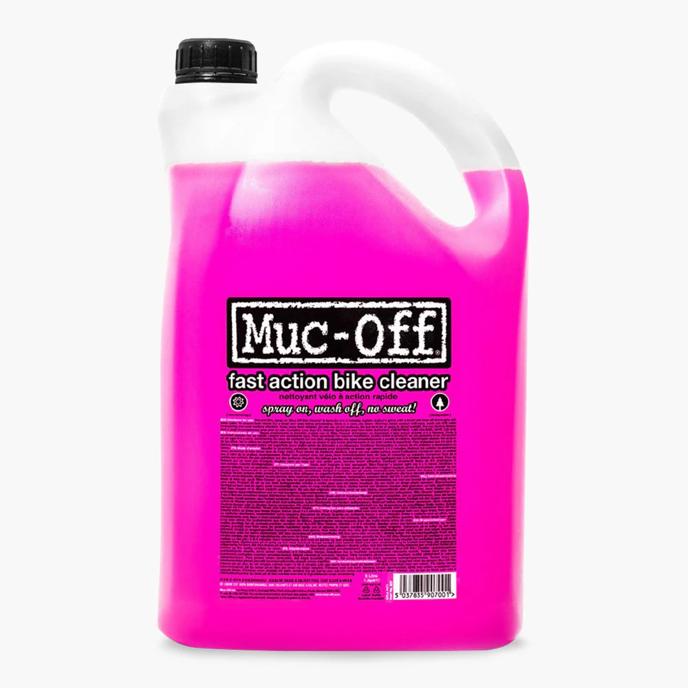 Pink bottle of Muc-Off fast action bike cleaner on a white background