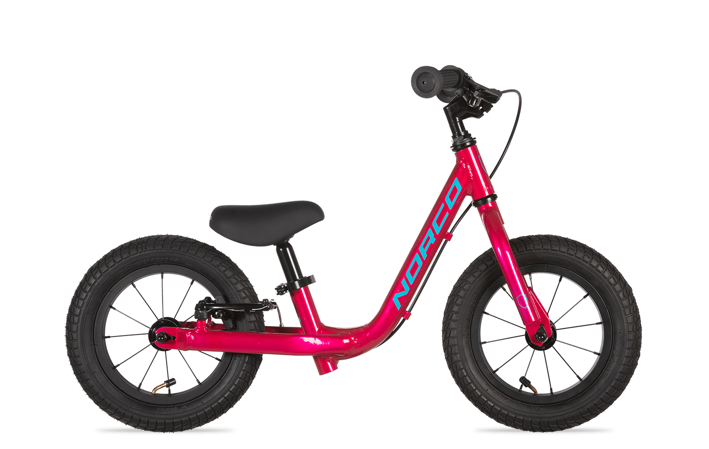 Pink balance bike with black seat on a white background
