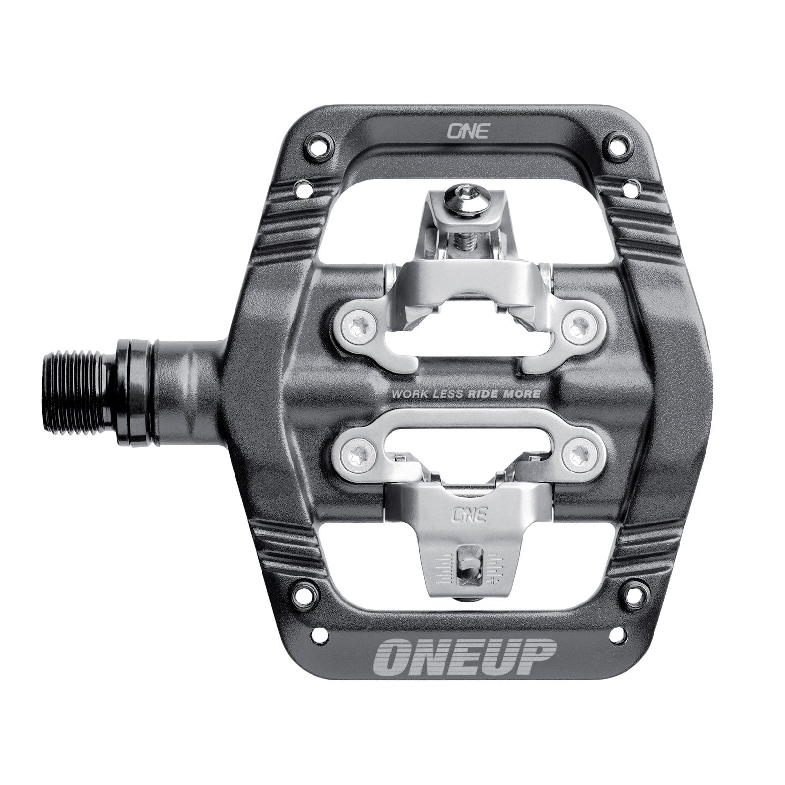 Gray bicycle pedal with 'ONEUP' branding on a white background