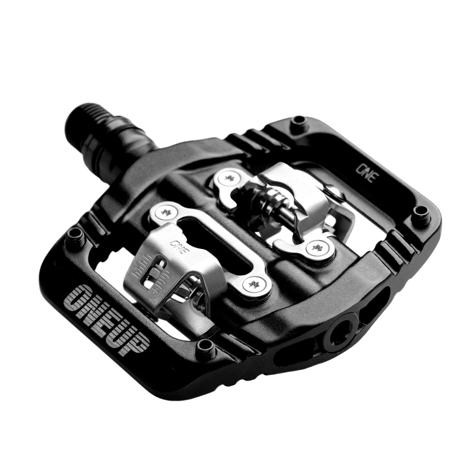 Black bicycle pedal with 'Oneup' branding on a white background