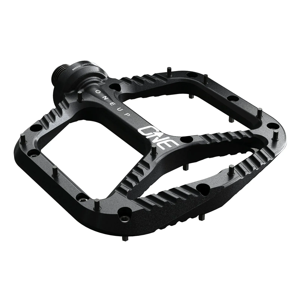 Black bicycle pedal with 'OneUp' branding on a white background