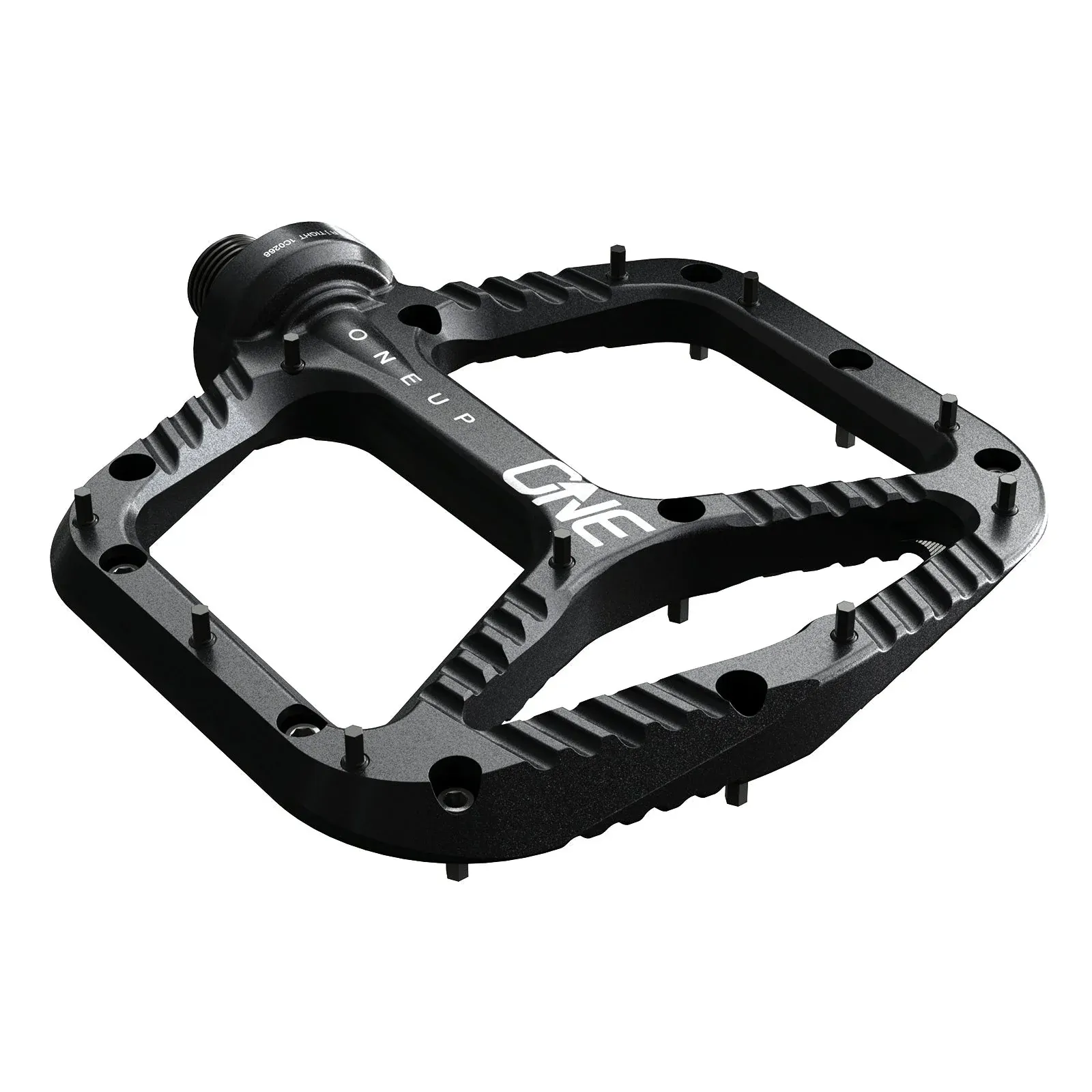 Black bicycle pedal with 'OneUp' branding on a white background