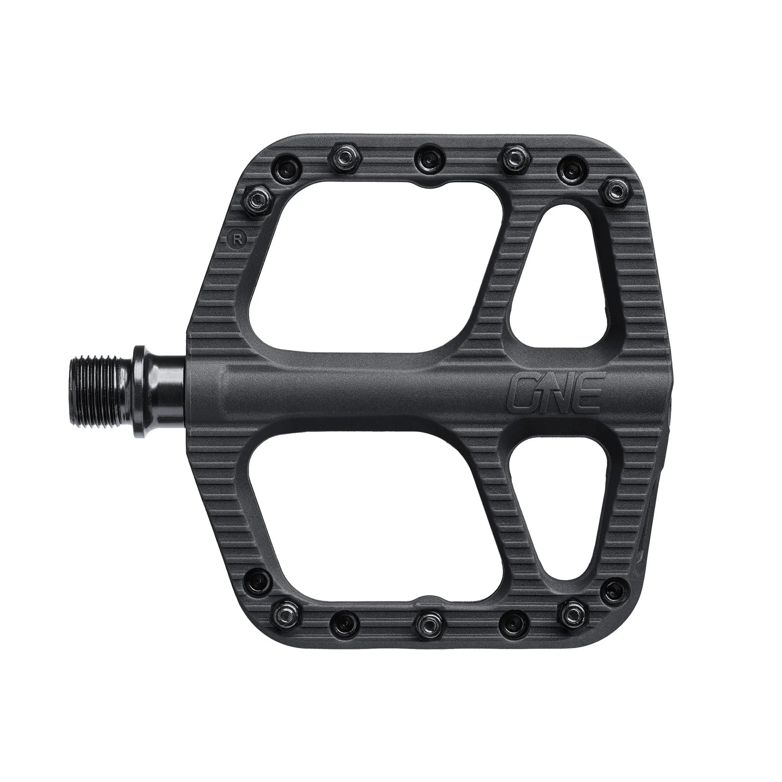 Black bicycle pedal with 'ONE' branding on a white background