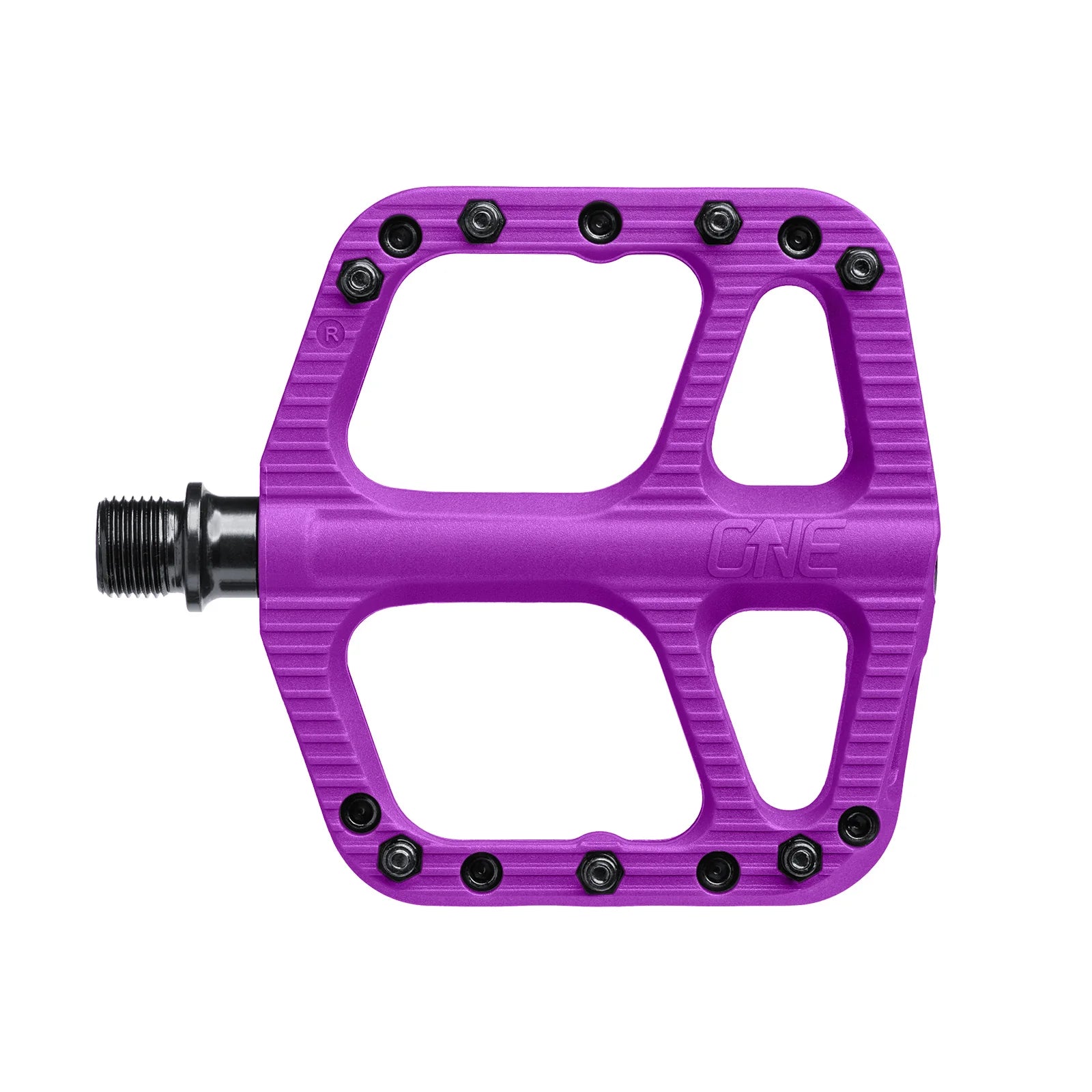 Purple bicycle pedal with 'One' branding on a white background
