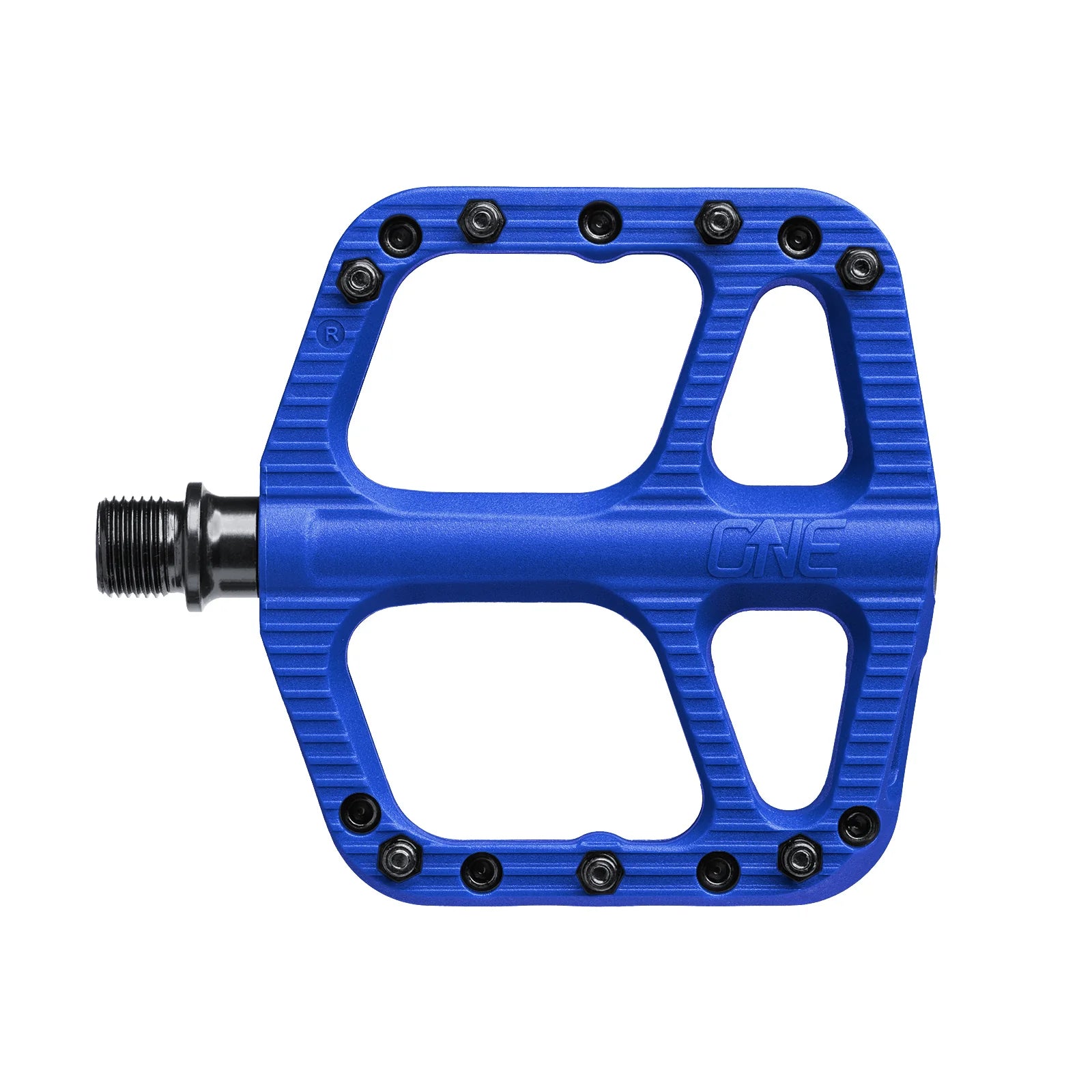 Blue bicycle pedal with 'One' branding on a white background