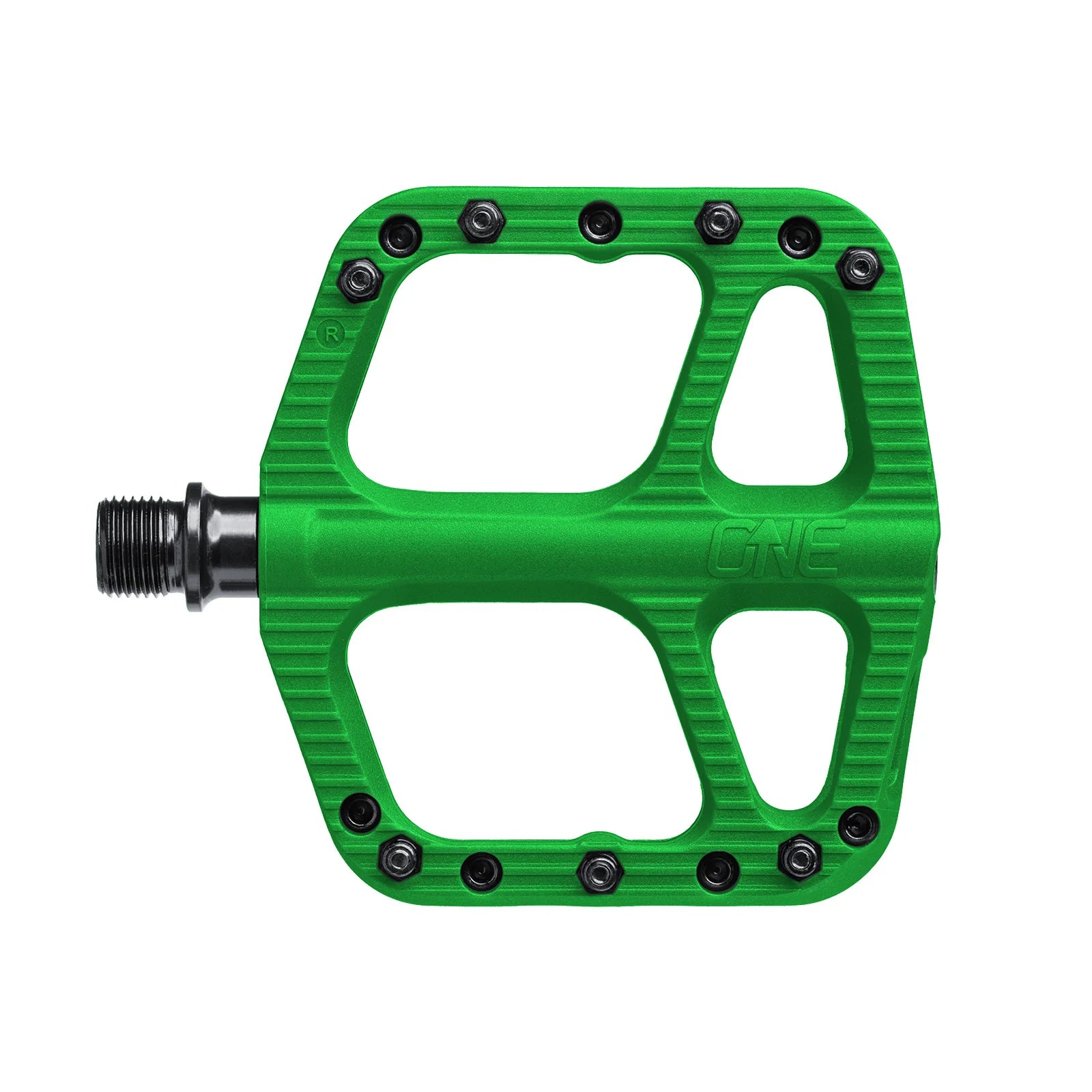 Green bicycle pedal with 'One' branding on a white background